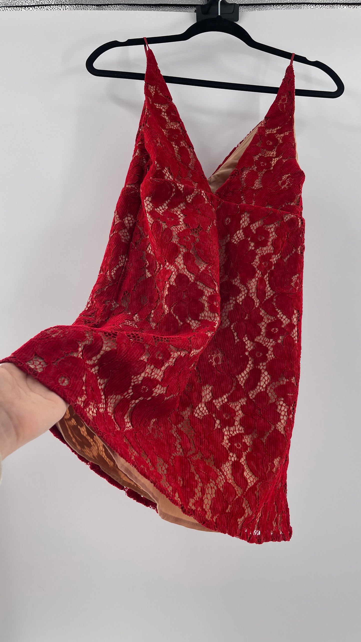 Free People Red Corduroy Lace Over Nude Underlay Sleeveless Mini Dress (Size 0)