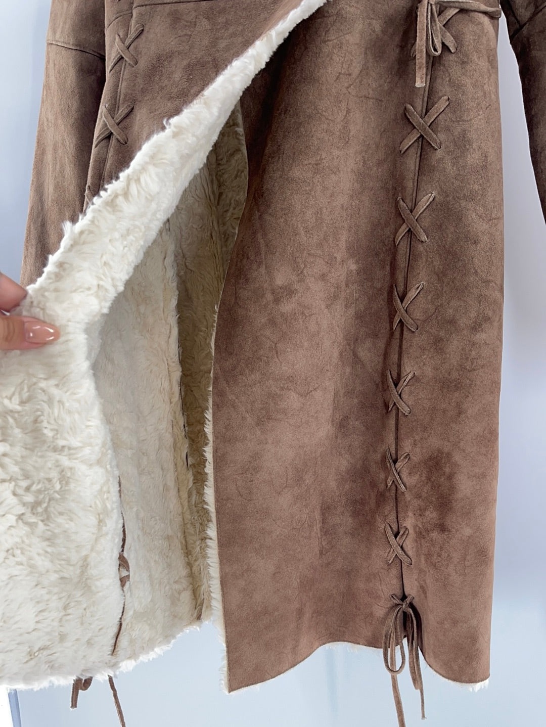 Prague Faux Brown Suede Shearling Lining Lace Up Detail on Sleeves and Front of Coat (Size Large)