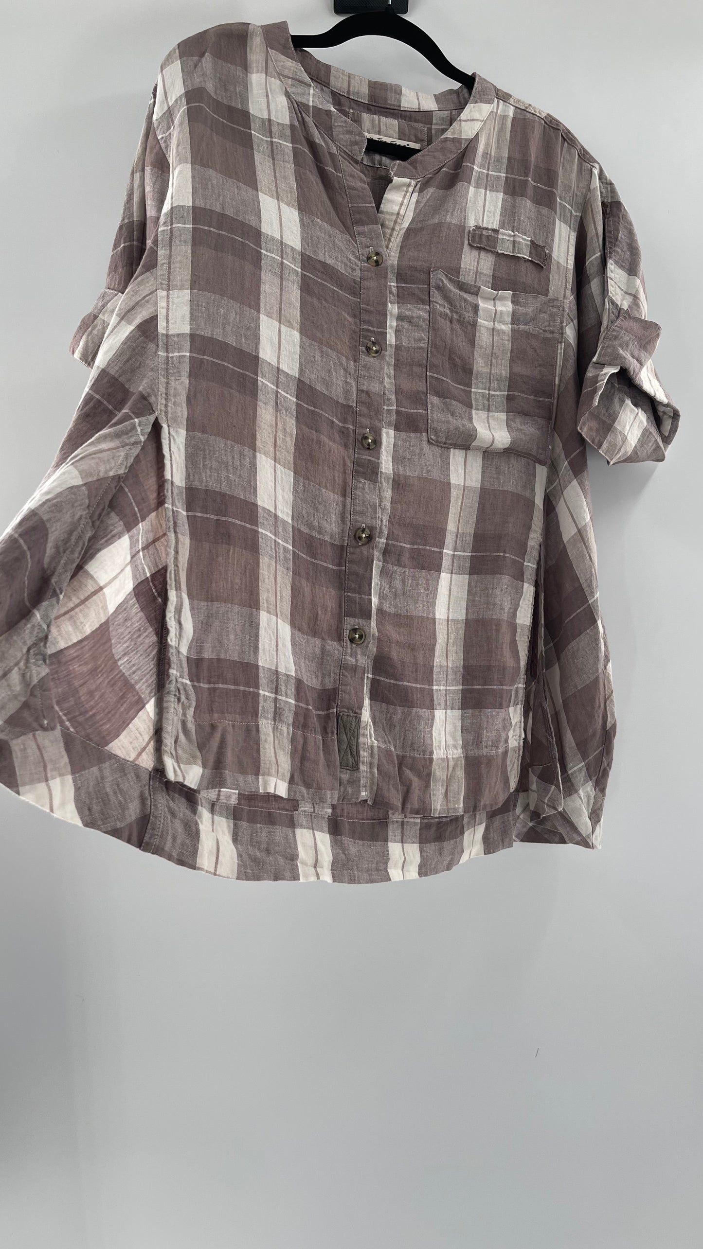 Free People 100% Linen Plaid Grey Short Sleeve (Small)