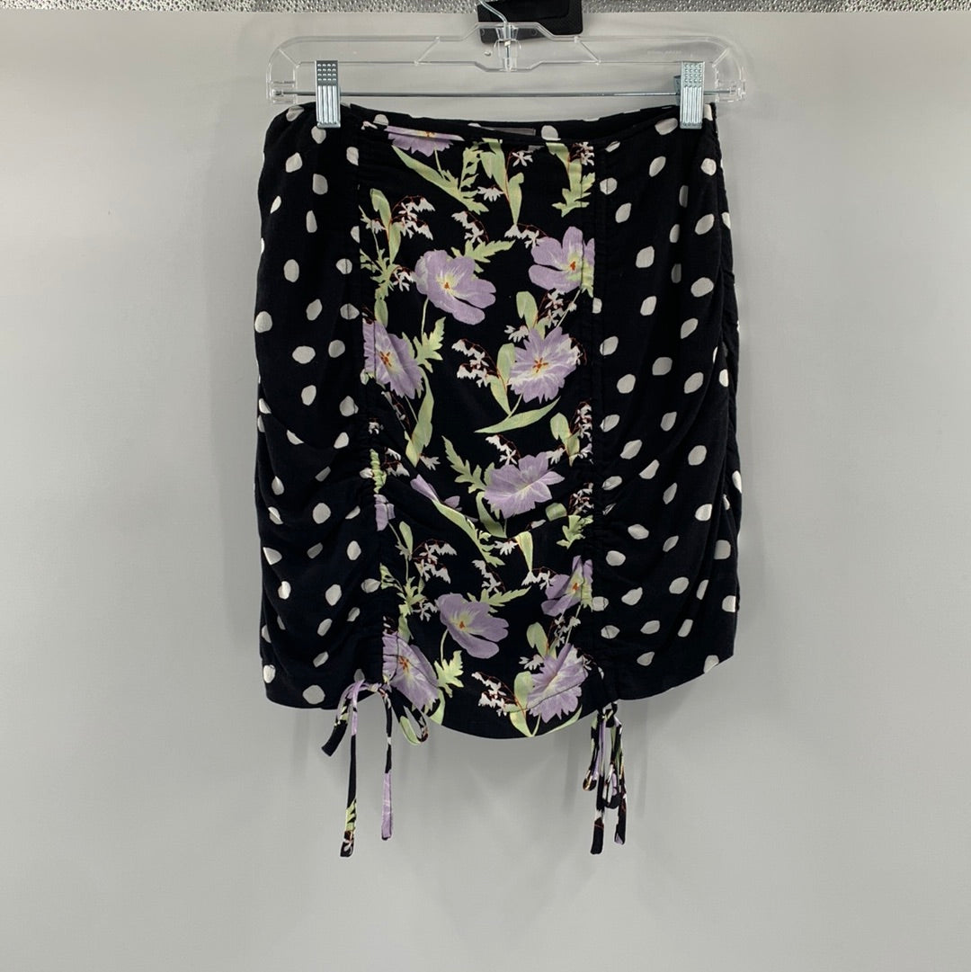 Urban Outfitters Ruched Black Mini Skirt With White Polka Dots and Lilac and Green Flowers (Size M)