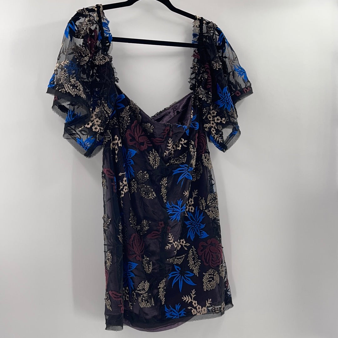 Urban Outfitters - Embroidered Blue / Gold Flower Pattern Mini Dress (Size Medium)