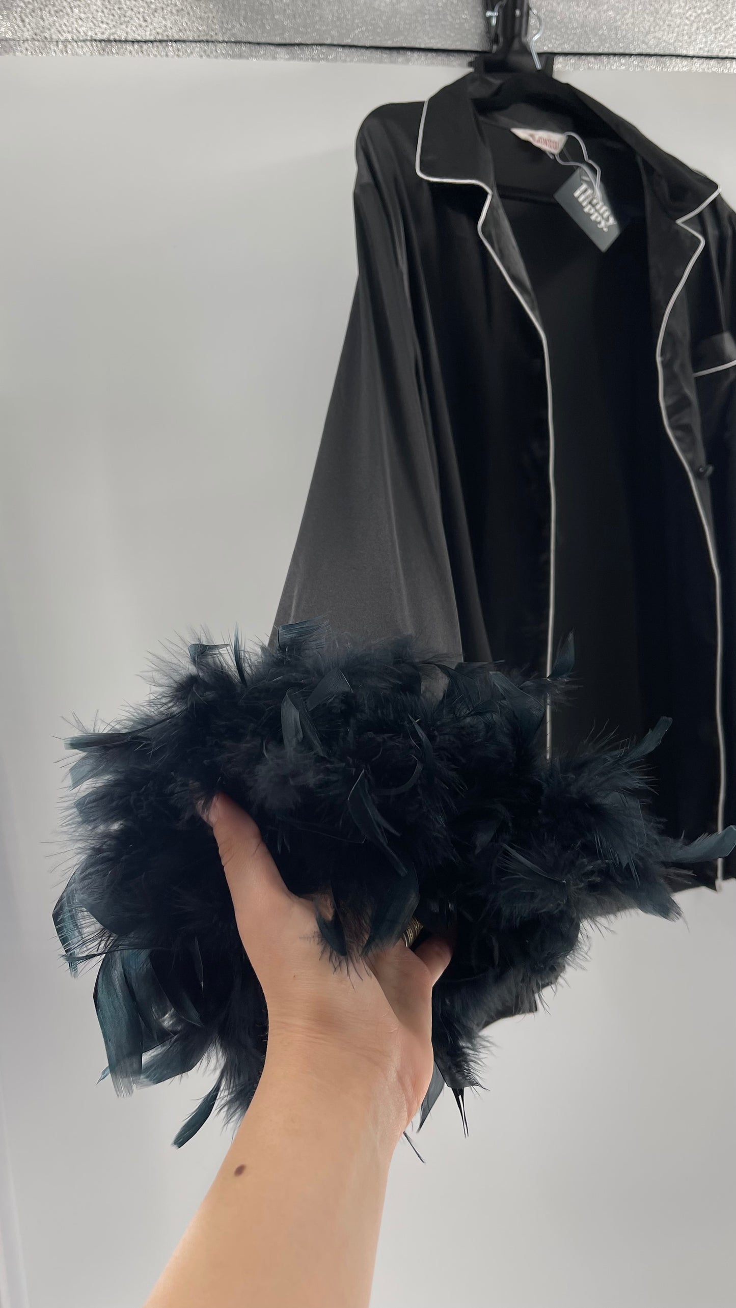 Lonxu Black Satin Pijama Top with Ostrich Feather Cuffs (XXL)