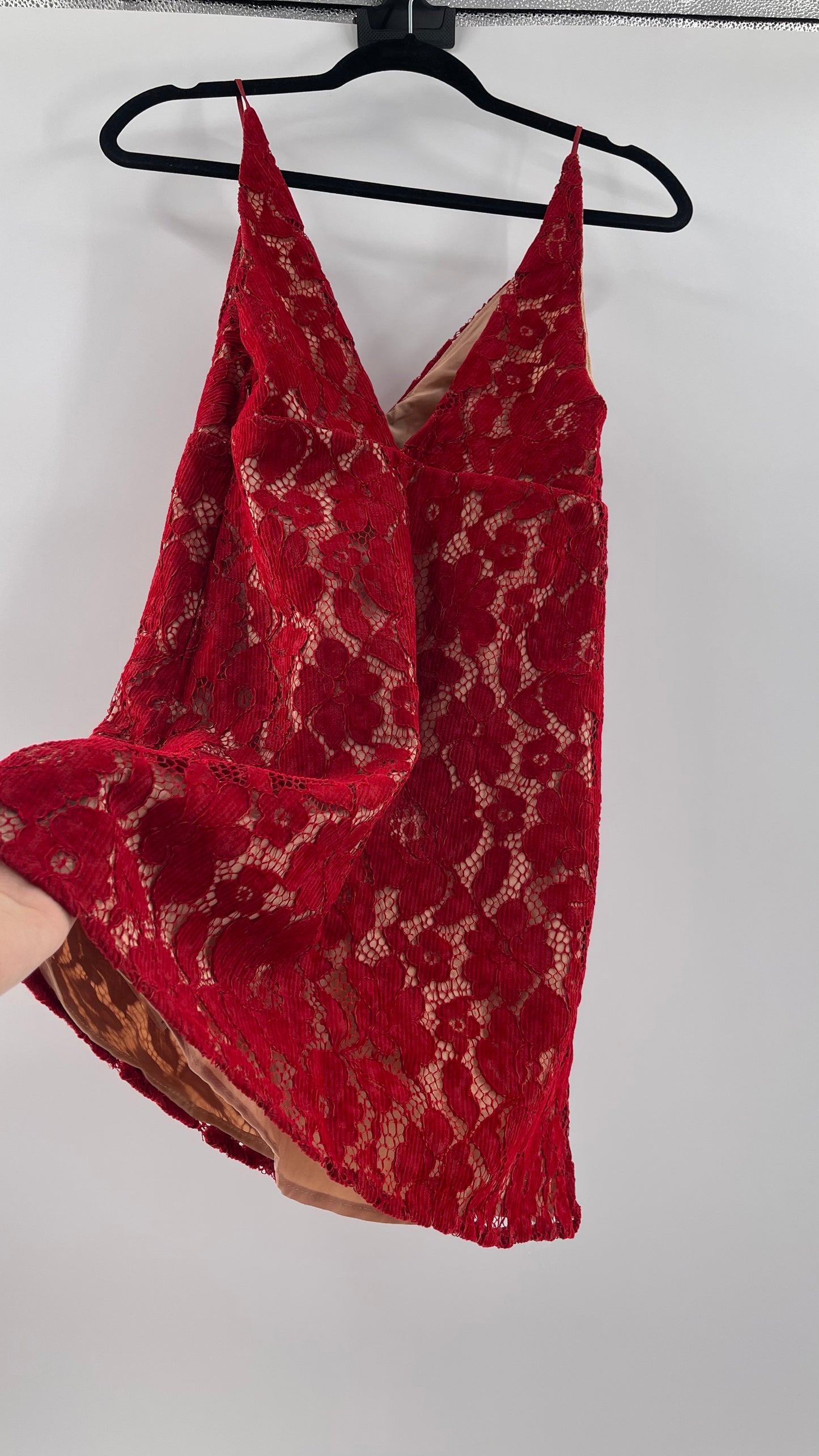 Free People Red Corduroy Lace Over Nude Underlay Sleeveless Mini Dress (Size 0)