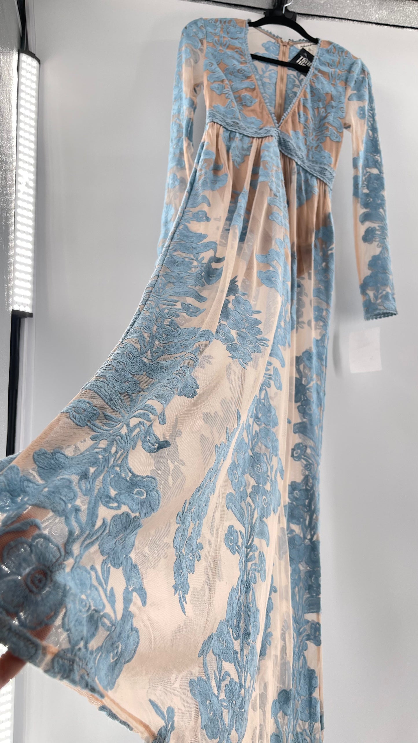 For Love and Lemons Powder Blue Embroidered Temecula Maxi Dress