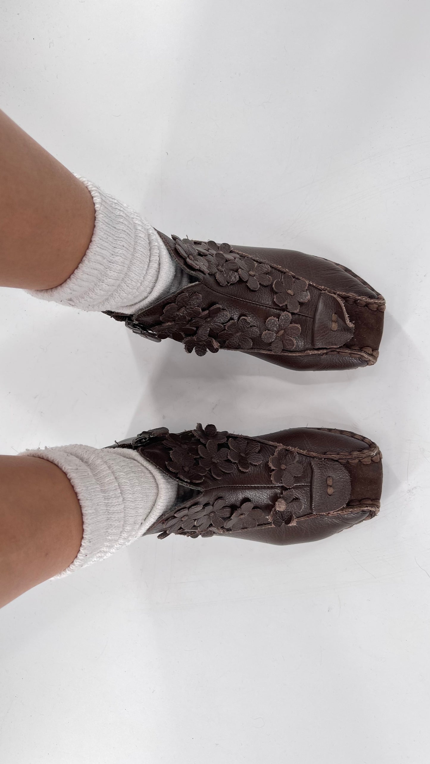 Handmade Brown Leather Flower Power Booties (38)