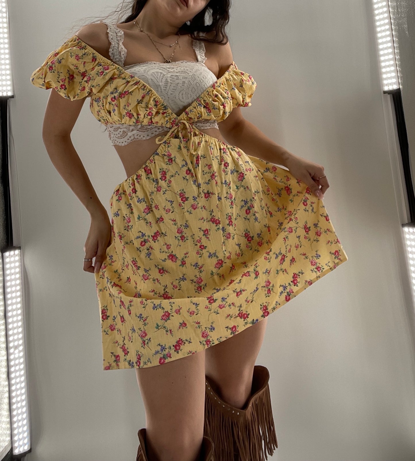Yellow Cut Out Floral Dress (Small)