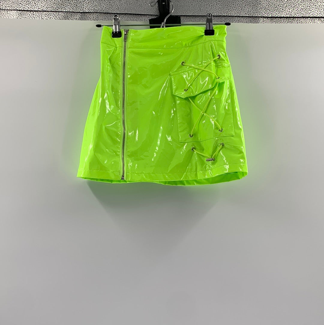 Mags + Pye Glossy Lime Green Zip Up Mini Skirt (Size Small)