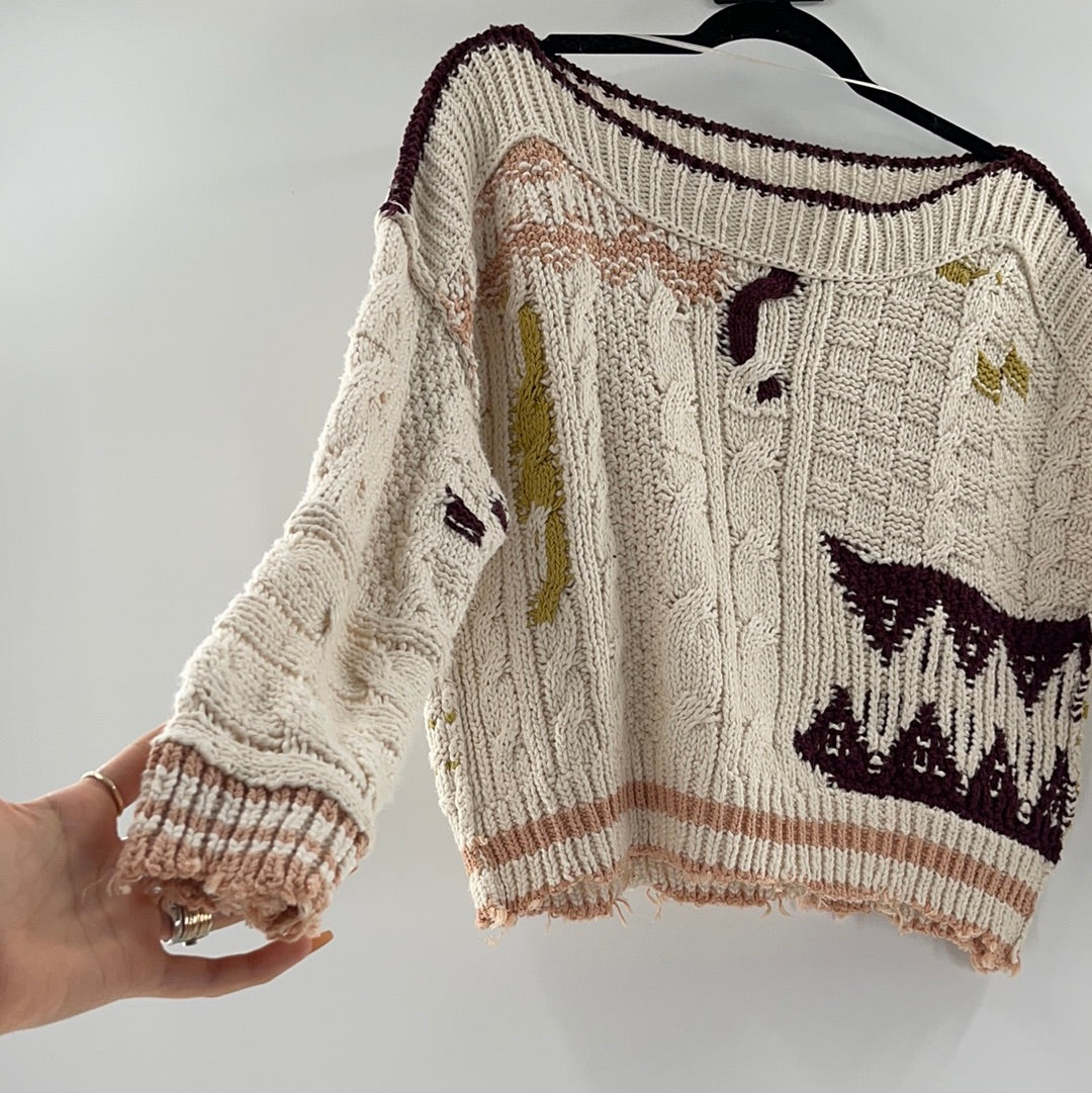 Free People Distressed Cropped Sweaters Cream With Burgandy Mustard and Pink Details (Size XS)