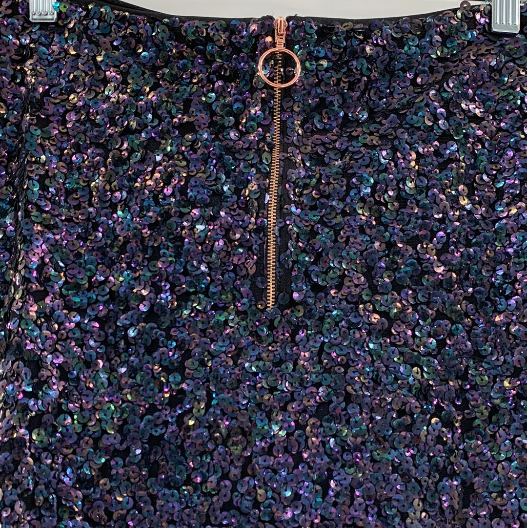 Free People Sequin Mini Skirt Iridescent Navy Blue with Rose Gold Front Zipper (Size L)