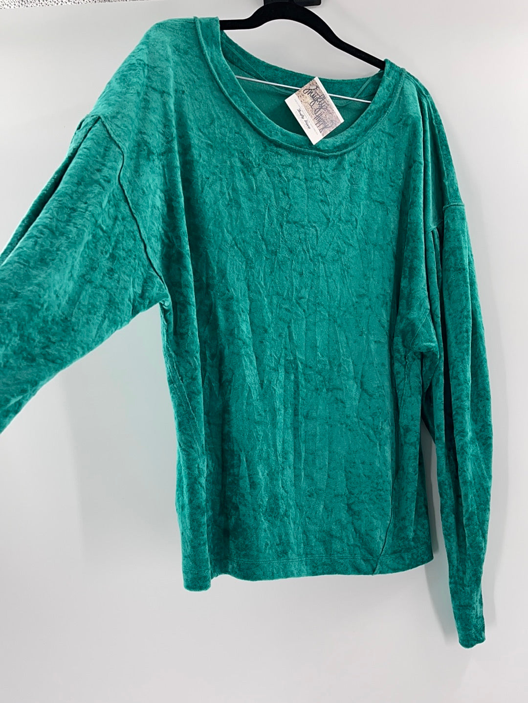 Free People -WE THE FREE Milan Crushed Velvet Long Balloon Sleeve Green Top (Size Large)