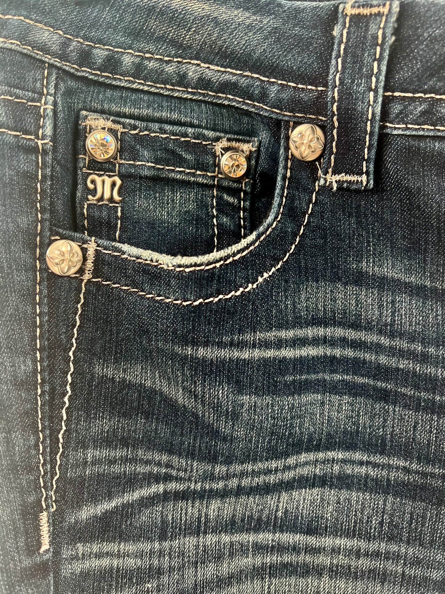 Miss Me Embroidered Rhinestone Gem Jeans With Unique Buttons and Stitching (Size 28)