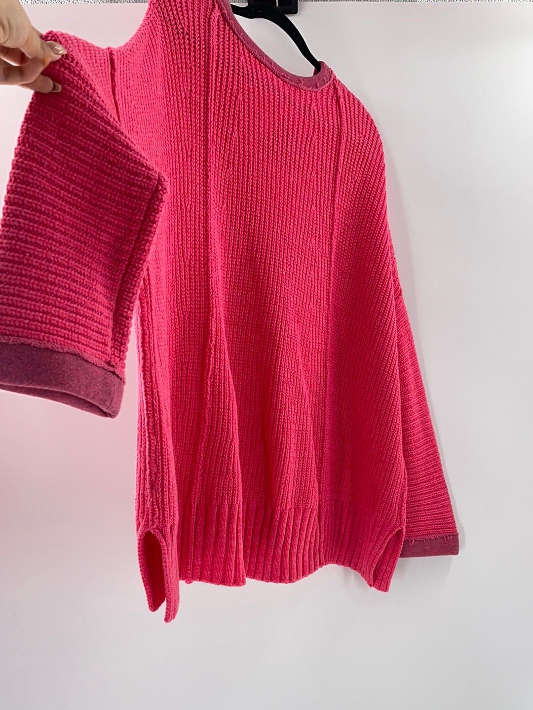 Free People Bright Pink Oversized Sweater V Neck ( Size Medium/Large)