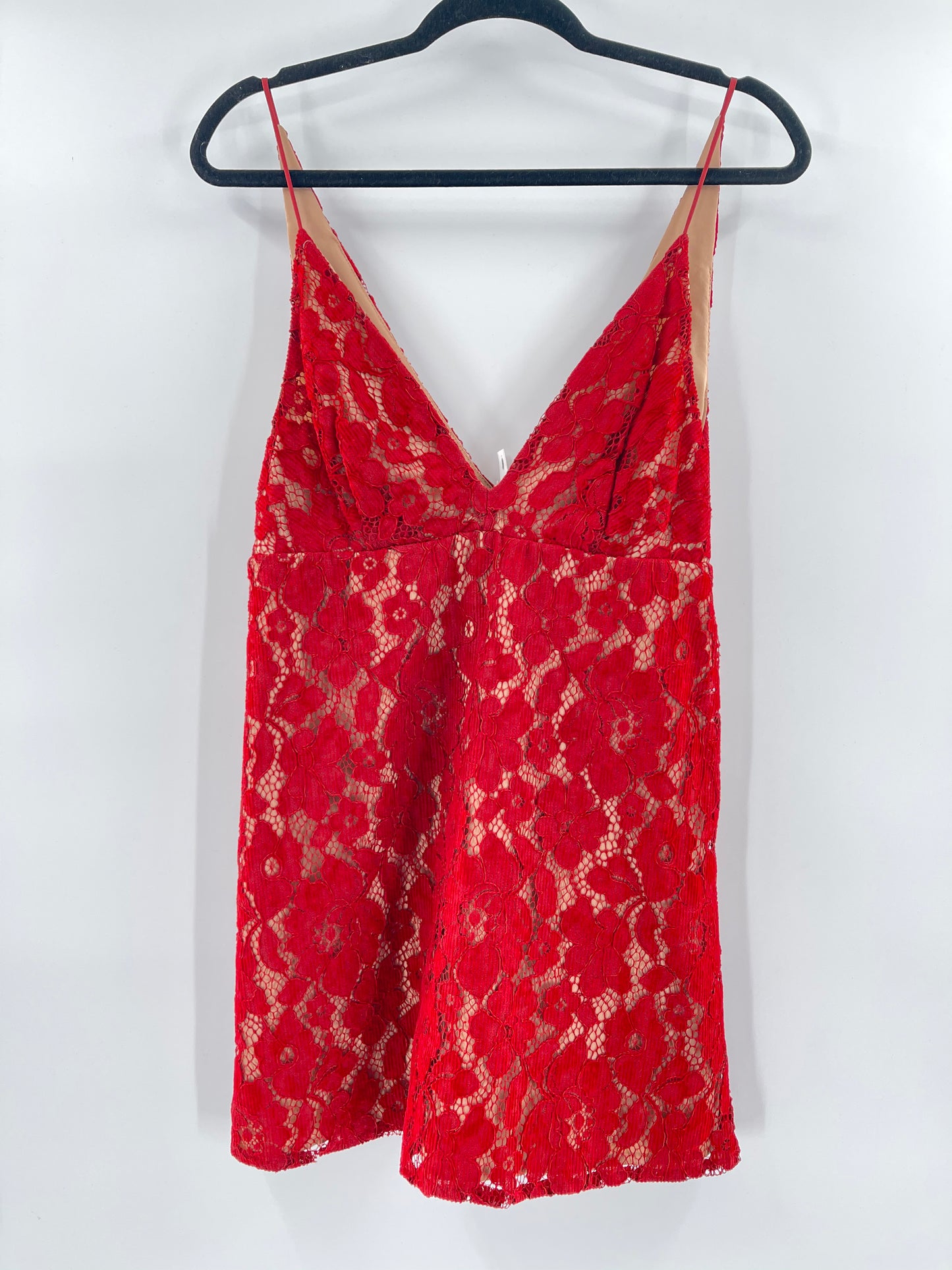 Free People Red Corduroy Lace Over Nude Underlay Sleeveless Mini Dress (Size 6)
