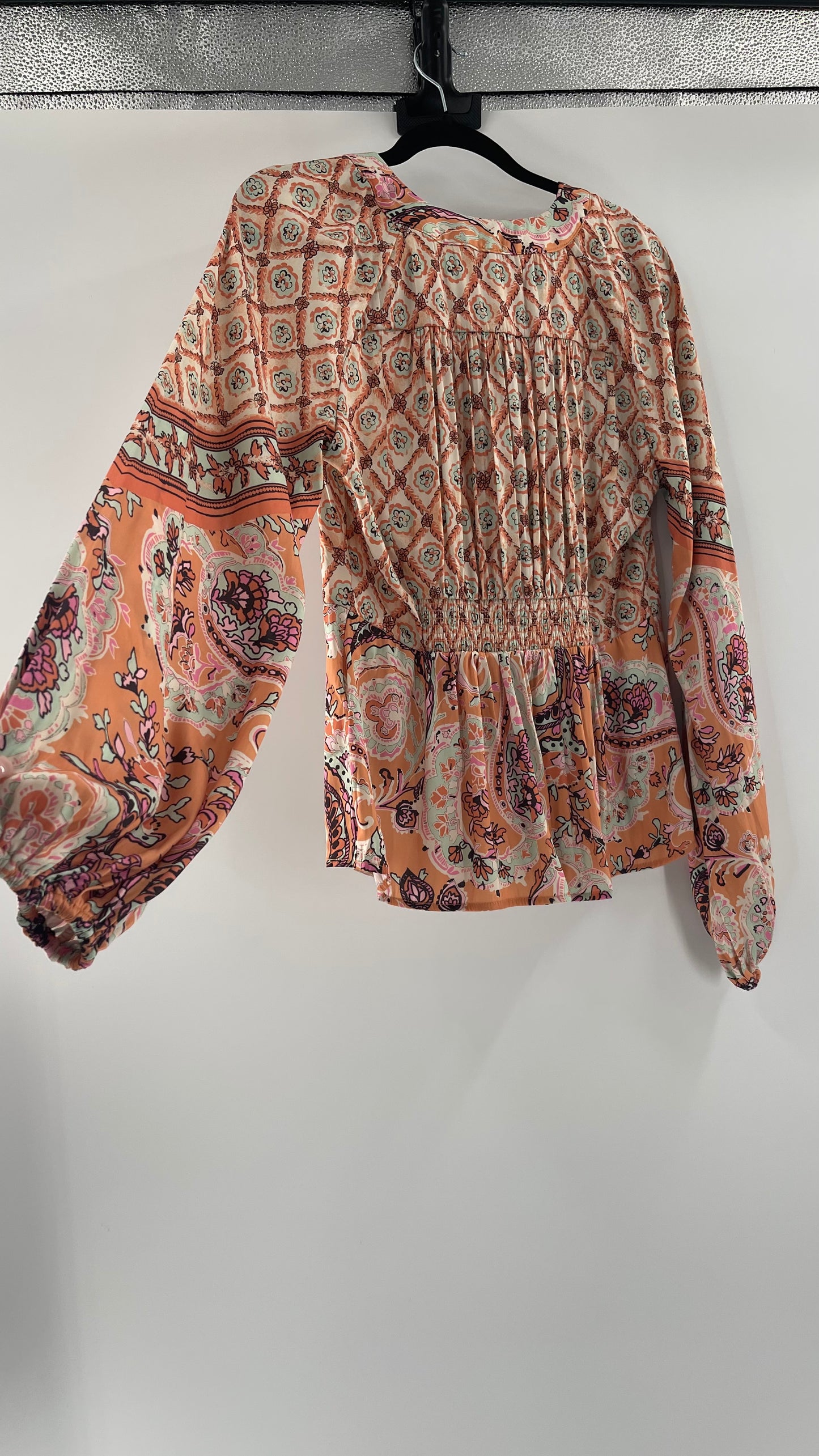 Free People Silky Orange Paisley Tie Front Blouse (M)