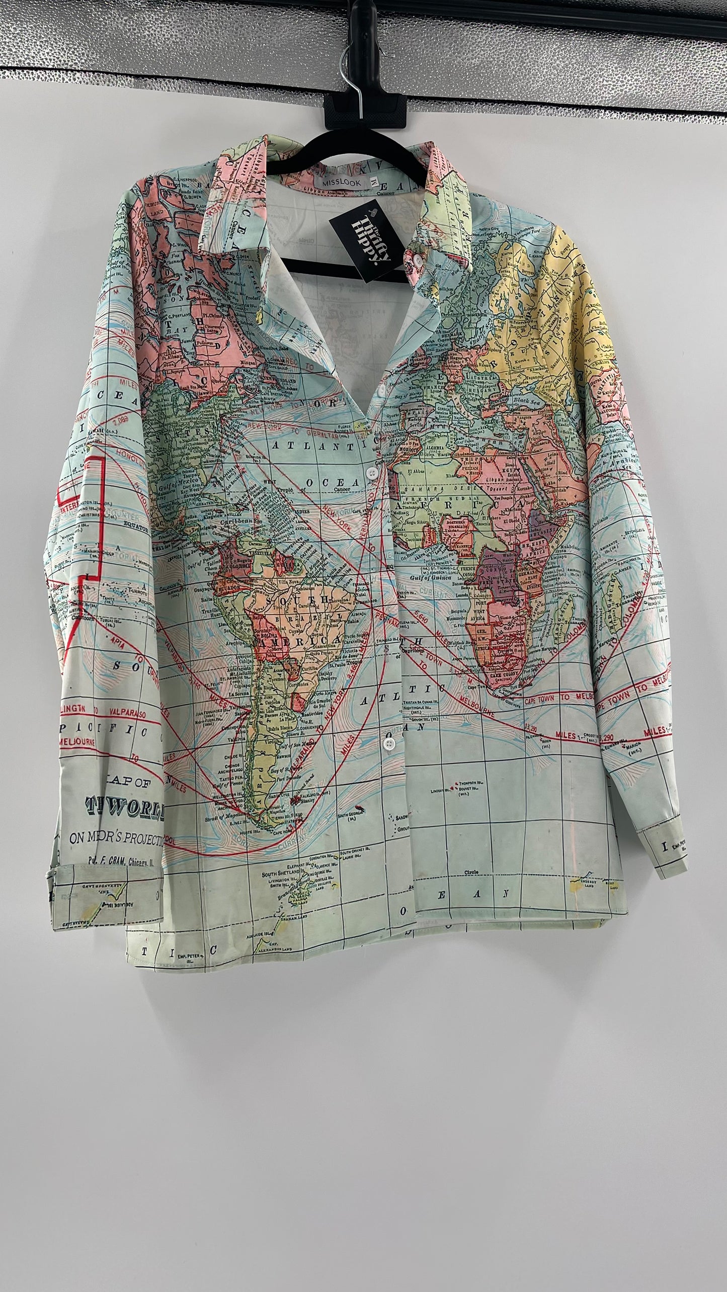 MISSLOOK Globe Map Long Sleeve Graphic Button Up (Medium)