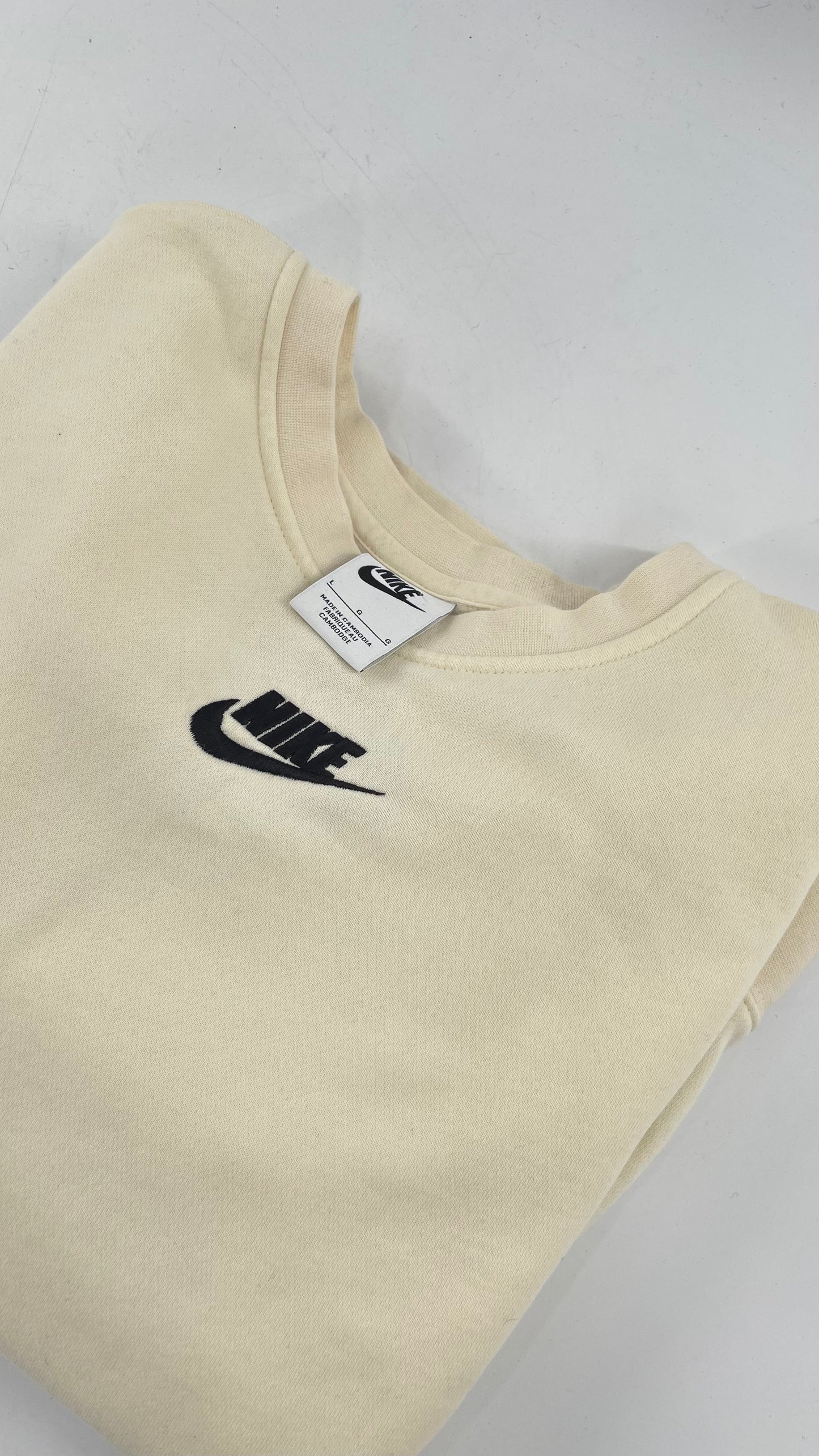 Cream Nike Crewneck with Minimalist Black Chest Logo (Large)