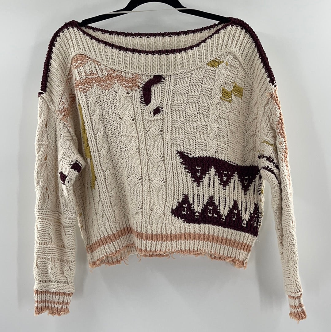 Free People Distressed Cropped Sweaters Cream With Burgandy Mustard and Pink Details (Size XS)