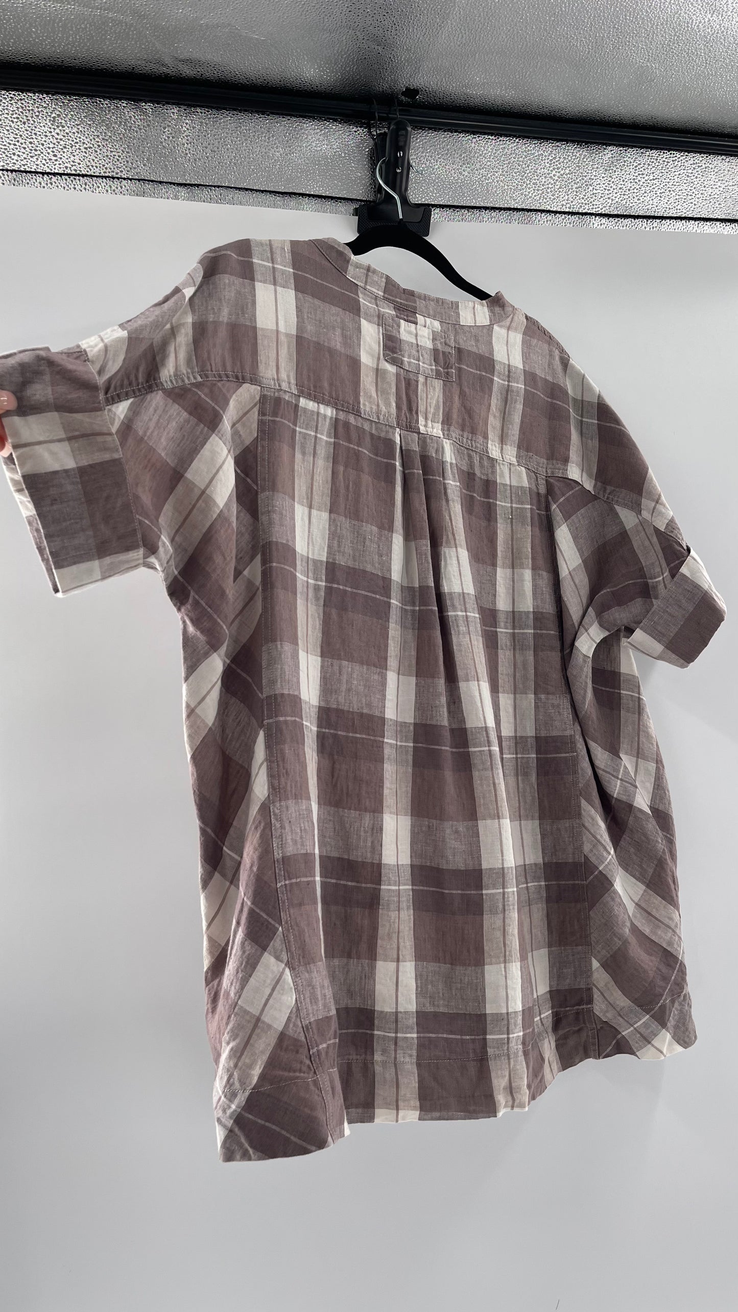 Free People 100% Linen Plaid Grey Short Sleeve (Small)