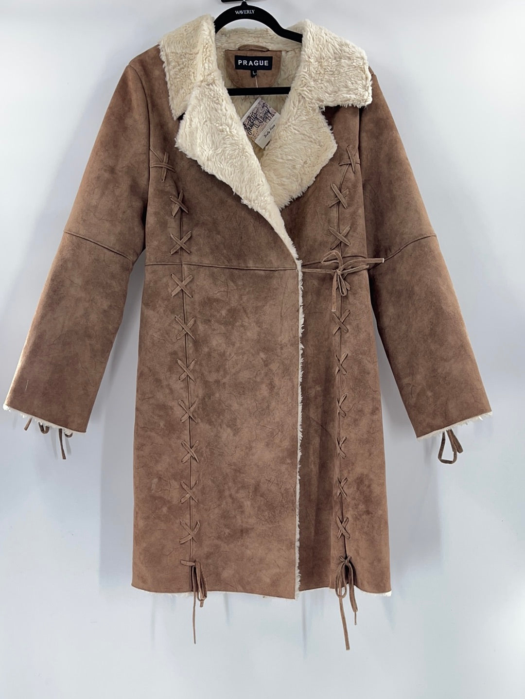 Prague Faux Brown Suede Shearling Lining Lace Up Detail on Sleeves and Front of Coat (Size Large)