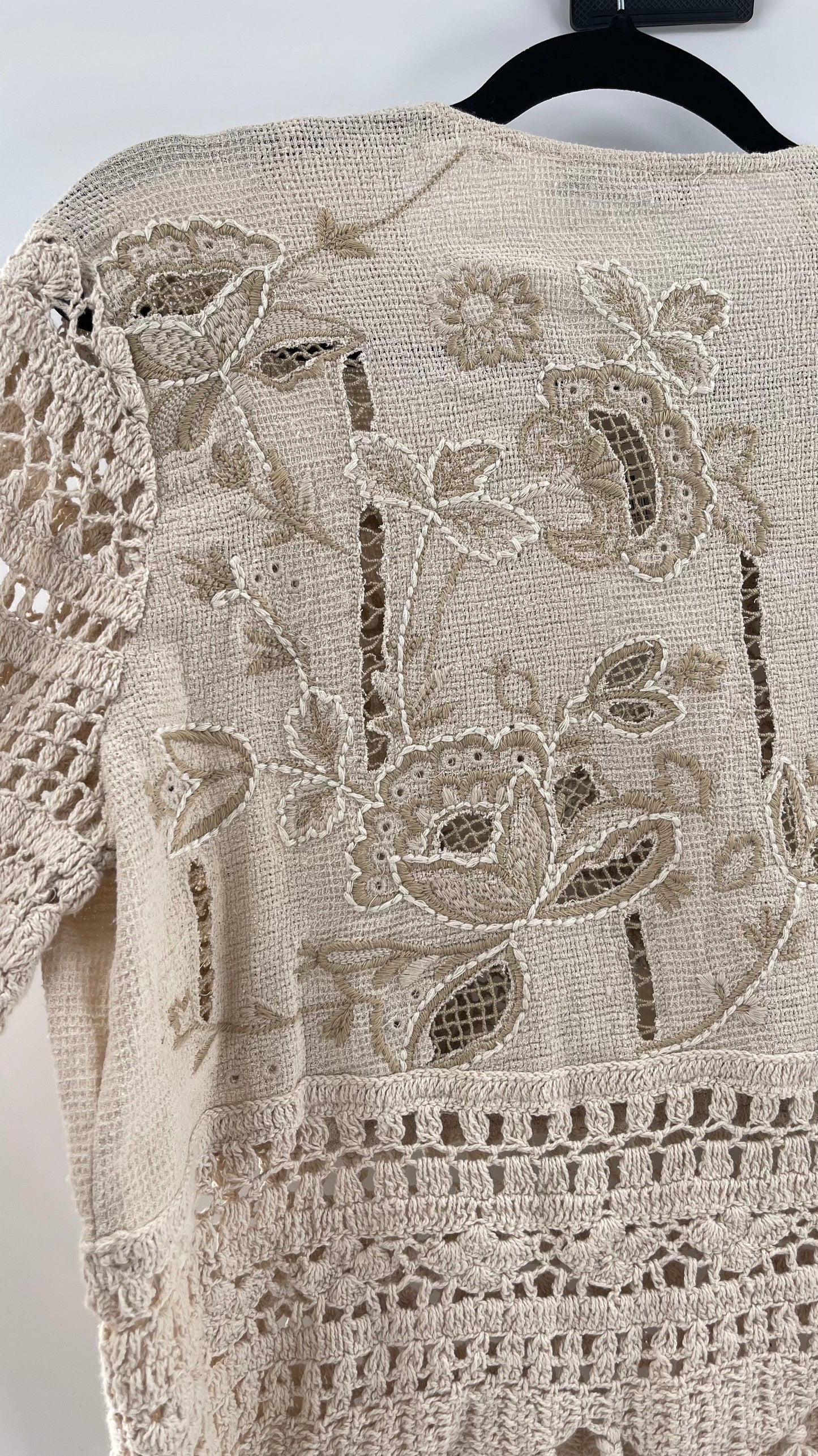 Zara Beige Gauze, Crochet, Embroidered Tunic Blouse (Large)