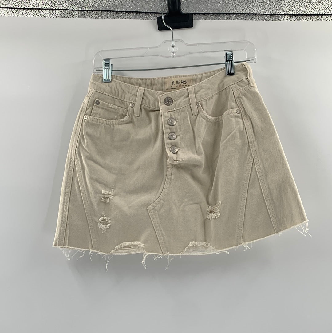 Free People Mini Denim - Off-White Ripped Button Up Mini Skirt (Size 28)