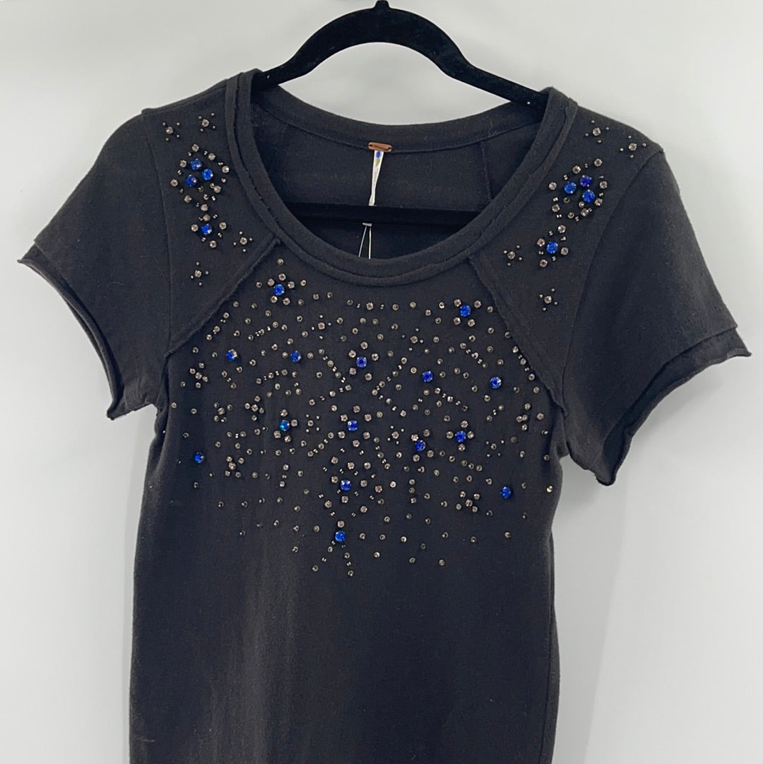 Free People Black Short Sleeve T-Shirt With Sequin and Rhinestone Embellishments (Size S)