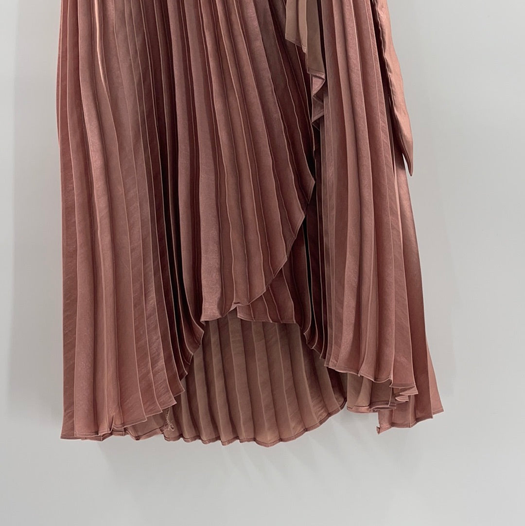 Anthropologie Long Rose Gold Satin Pleated Skirt (Size 12)