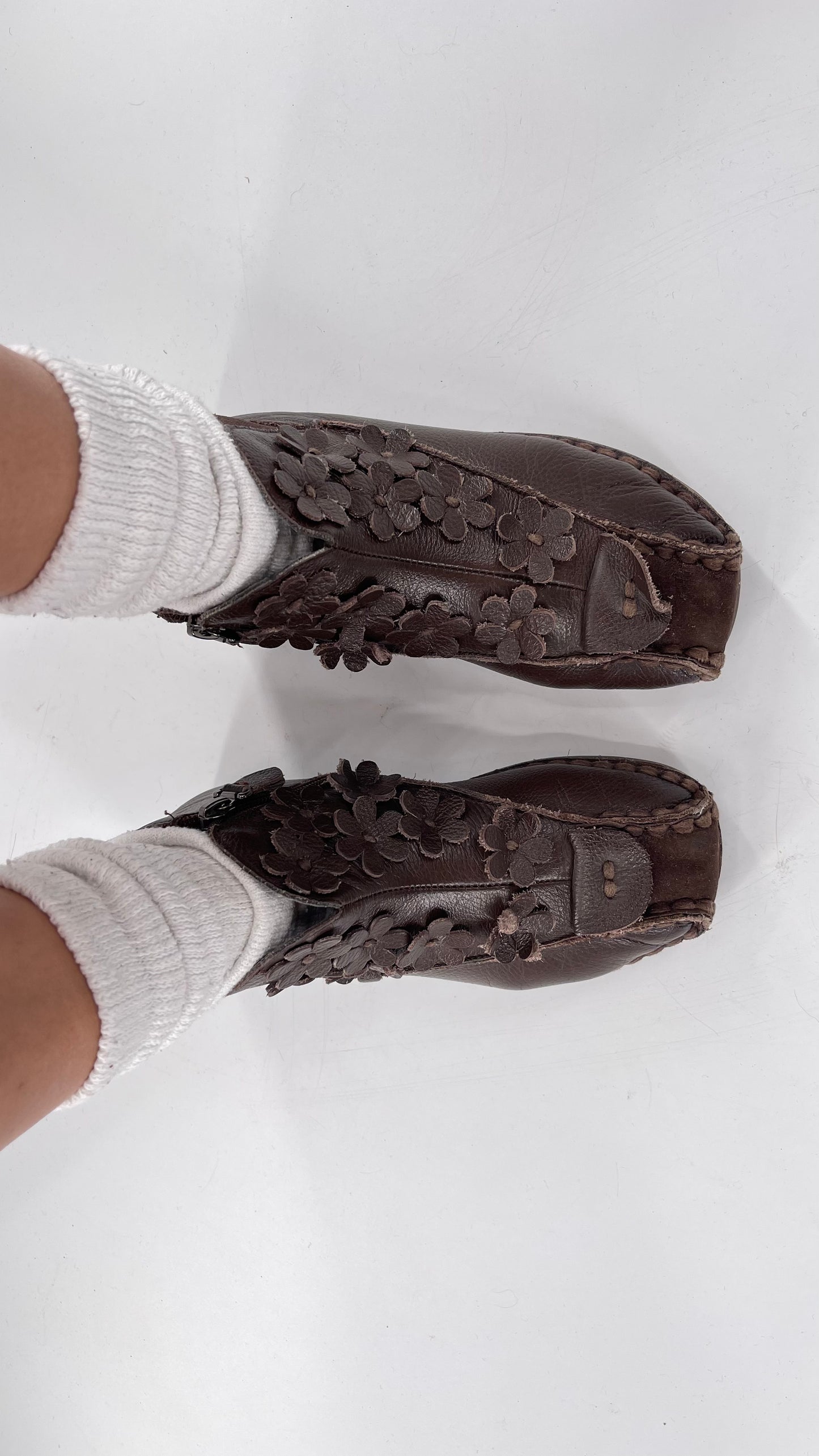 Handmade Brown Leather Flower Power Booties (38)