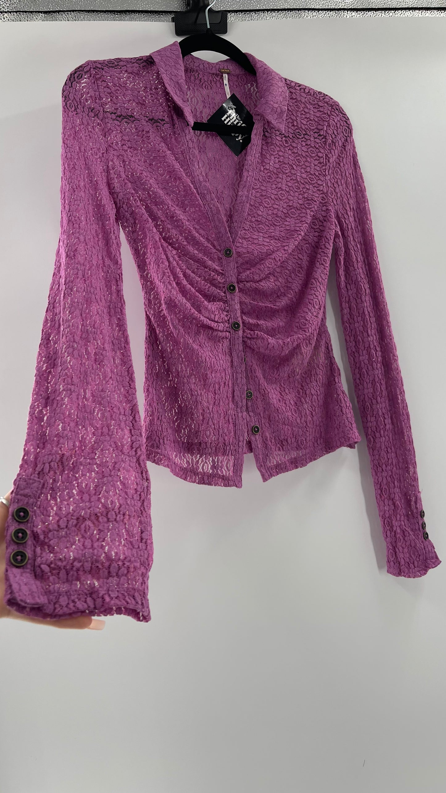 Free People Flower Fields Lavender Lace Collared Button Up (Small)