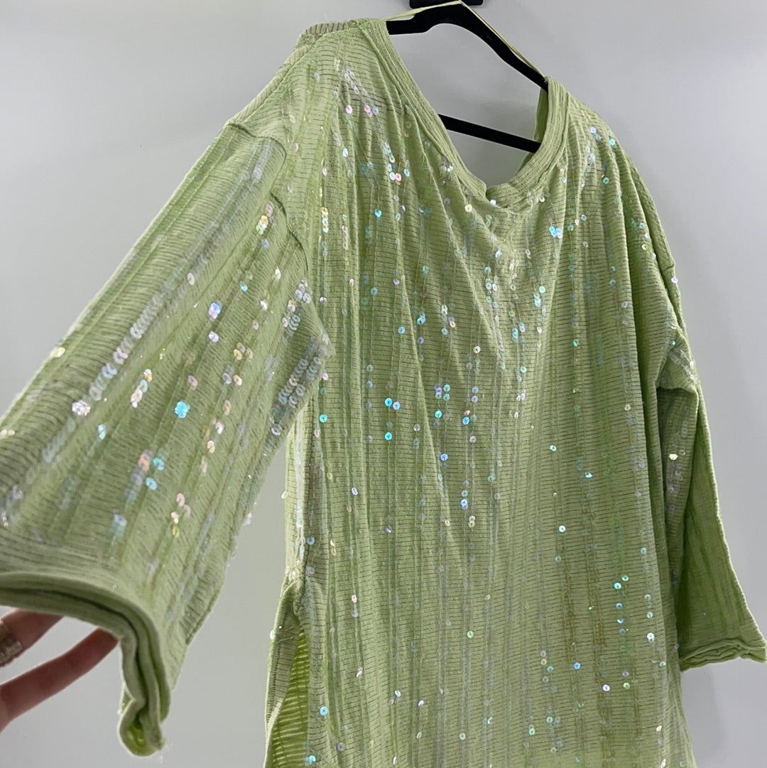 Free People Lime Green with Iridescent Sequin High Low Sweater (Size Small)