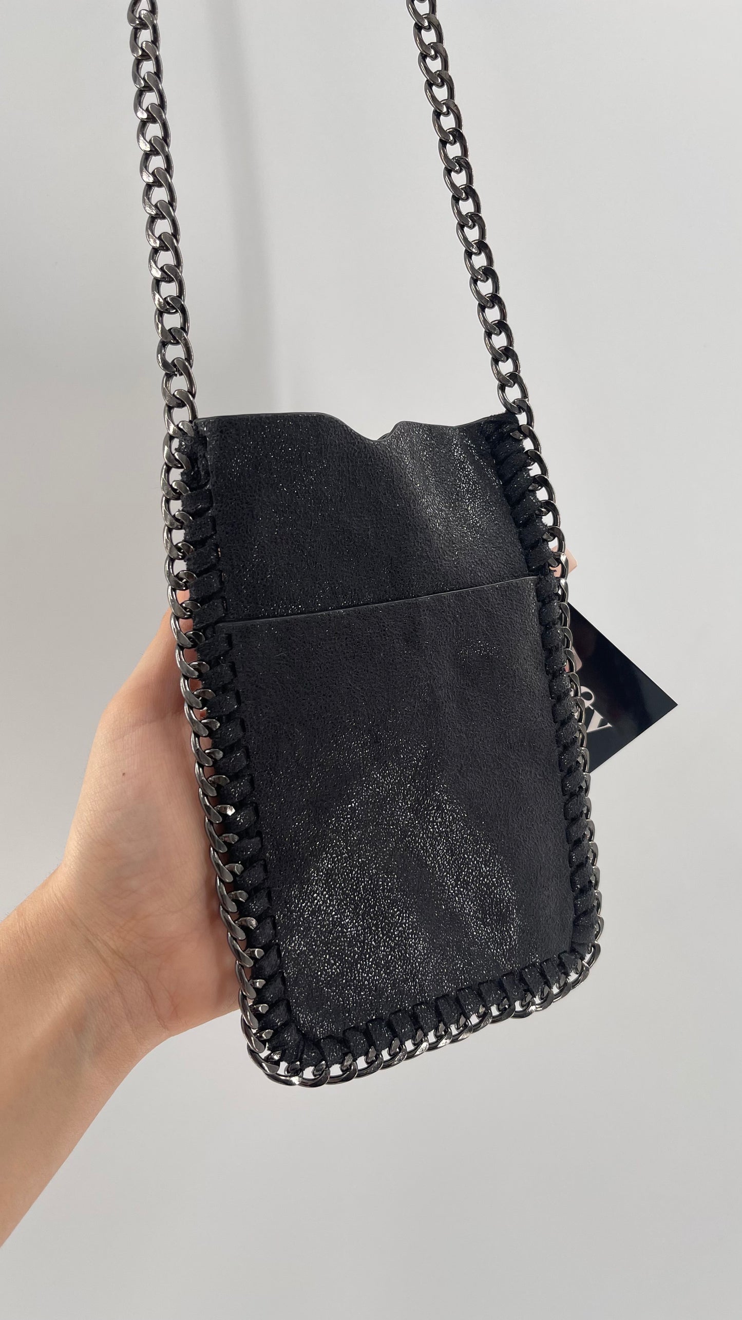 Metallic Black Leather Chain Lined Phone Pouch