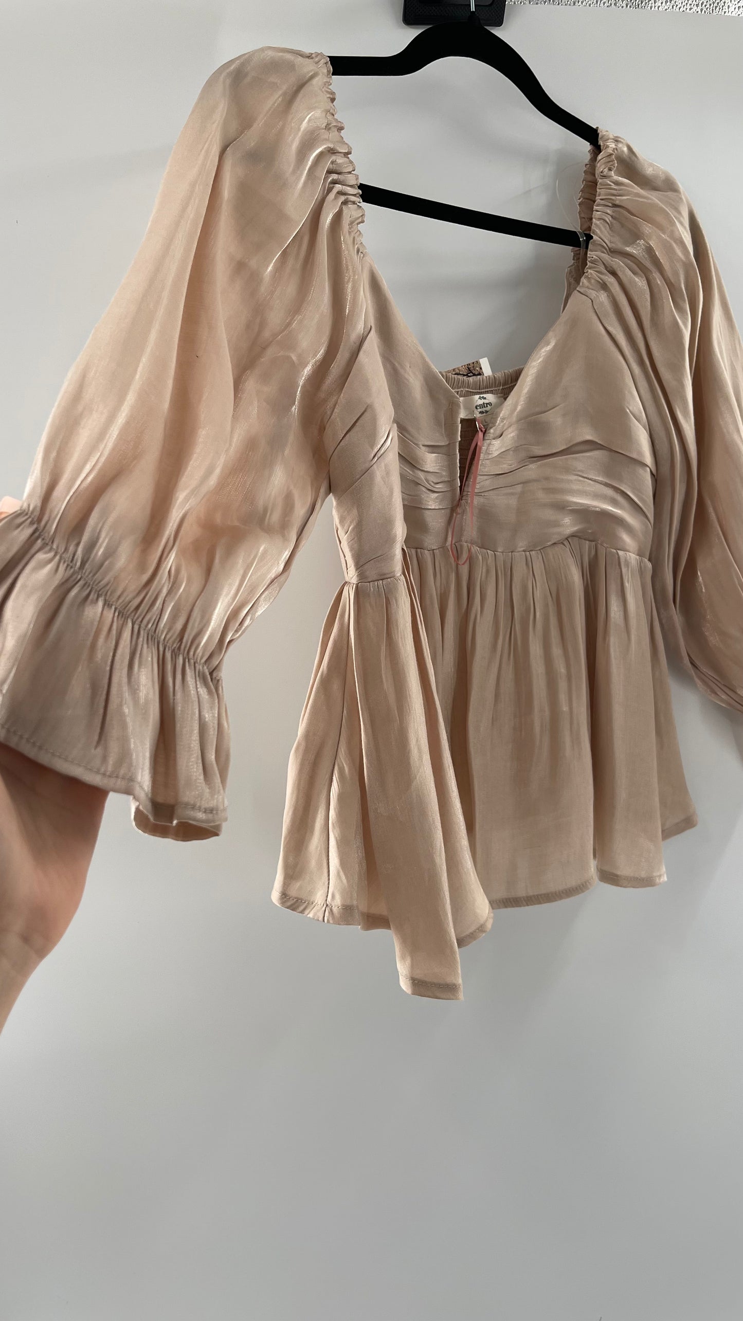 Entro Beige/Gold Metallic Cropped Peplum Top (Large)
