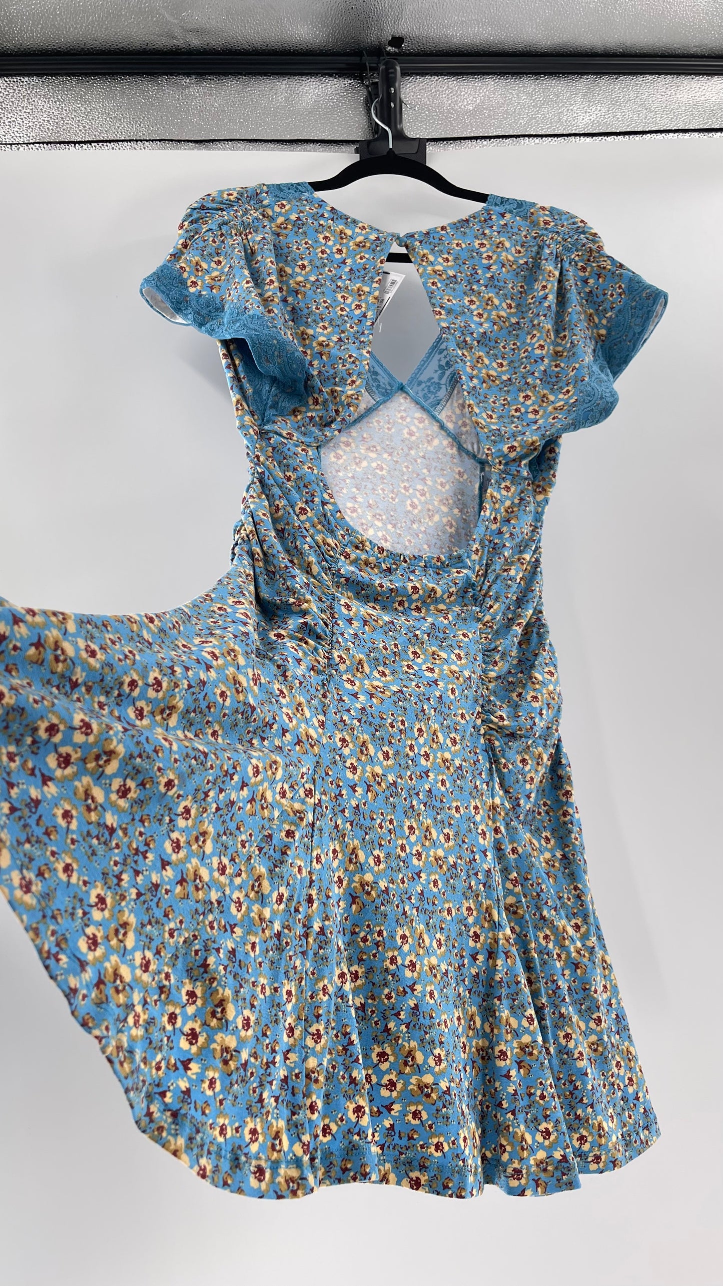 Free People Sweet Talker Blue Floral Ruched Mini Dress (Medium)