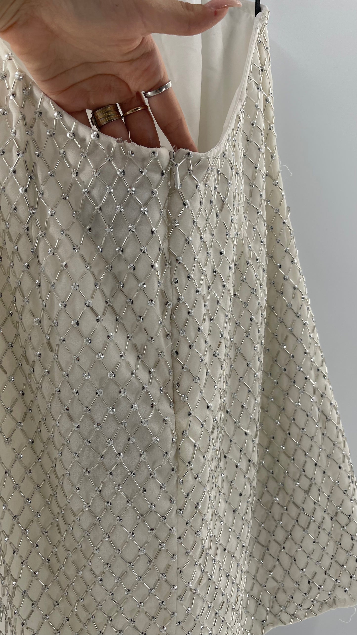 X by NBD White Jack Dress in Ivory Silver Beaded Halter Dress with Tags Attached (Large)