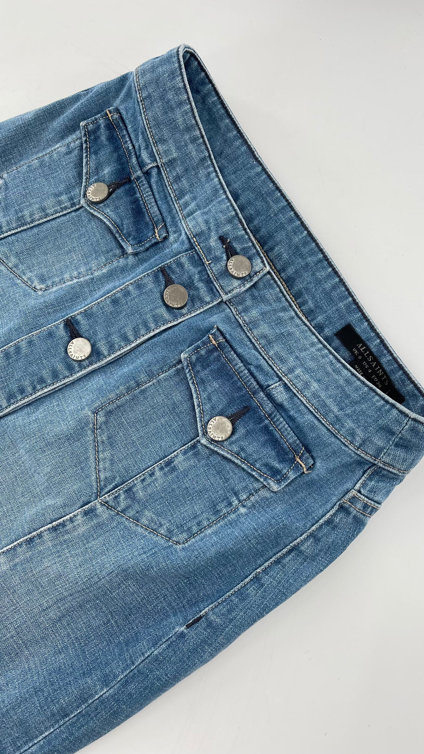 ALLSAINTS Light Wash Button Front Knee High Skirt (4)
