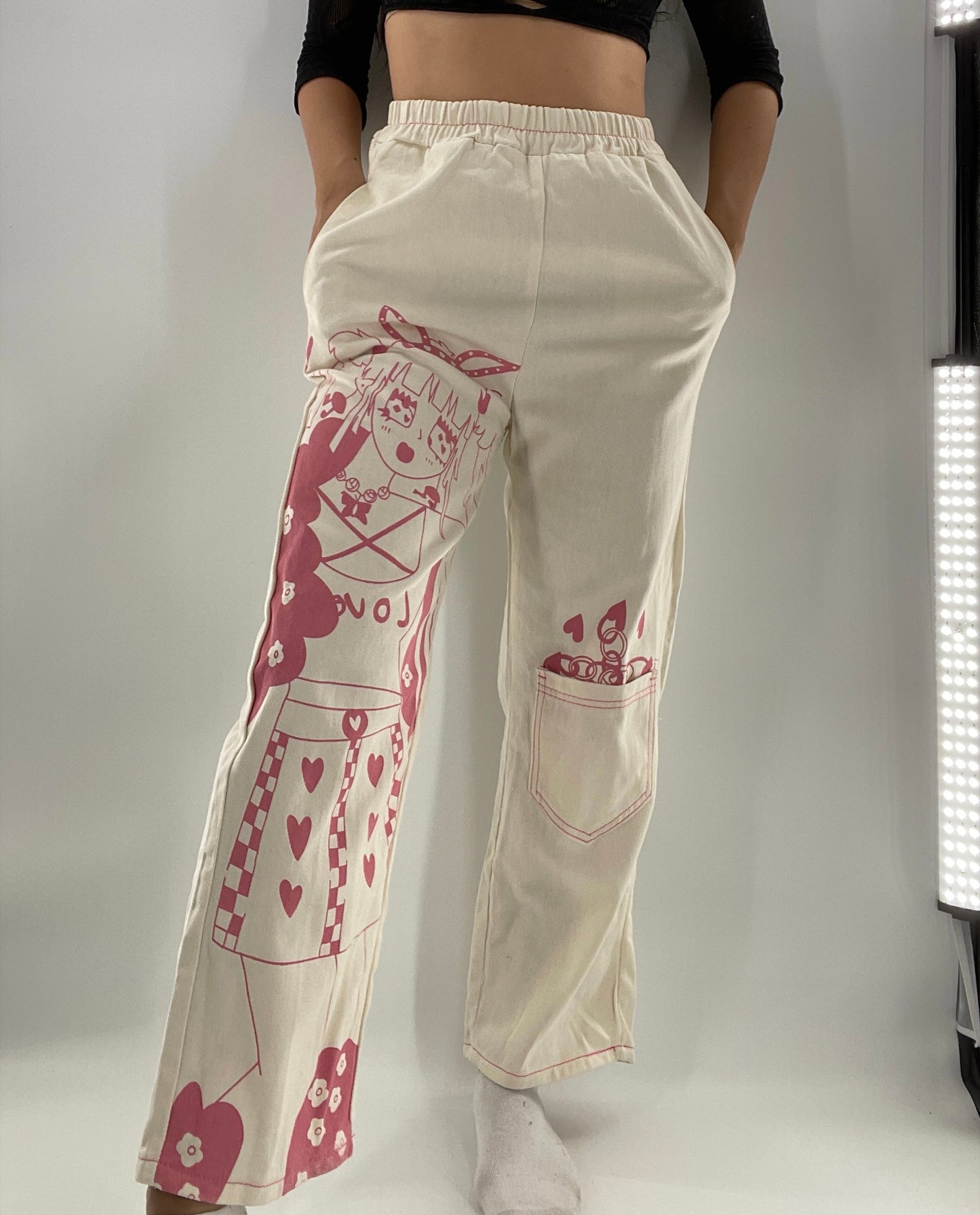 Beige Carpenter Pant with Pocket and Pink Anime Graphic (Medium)