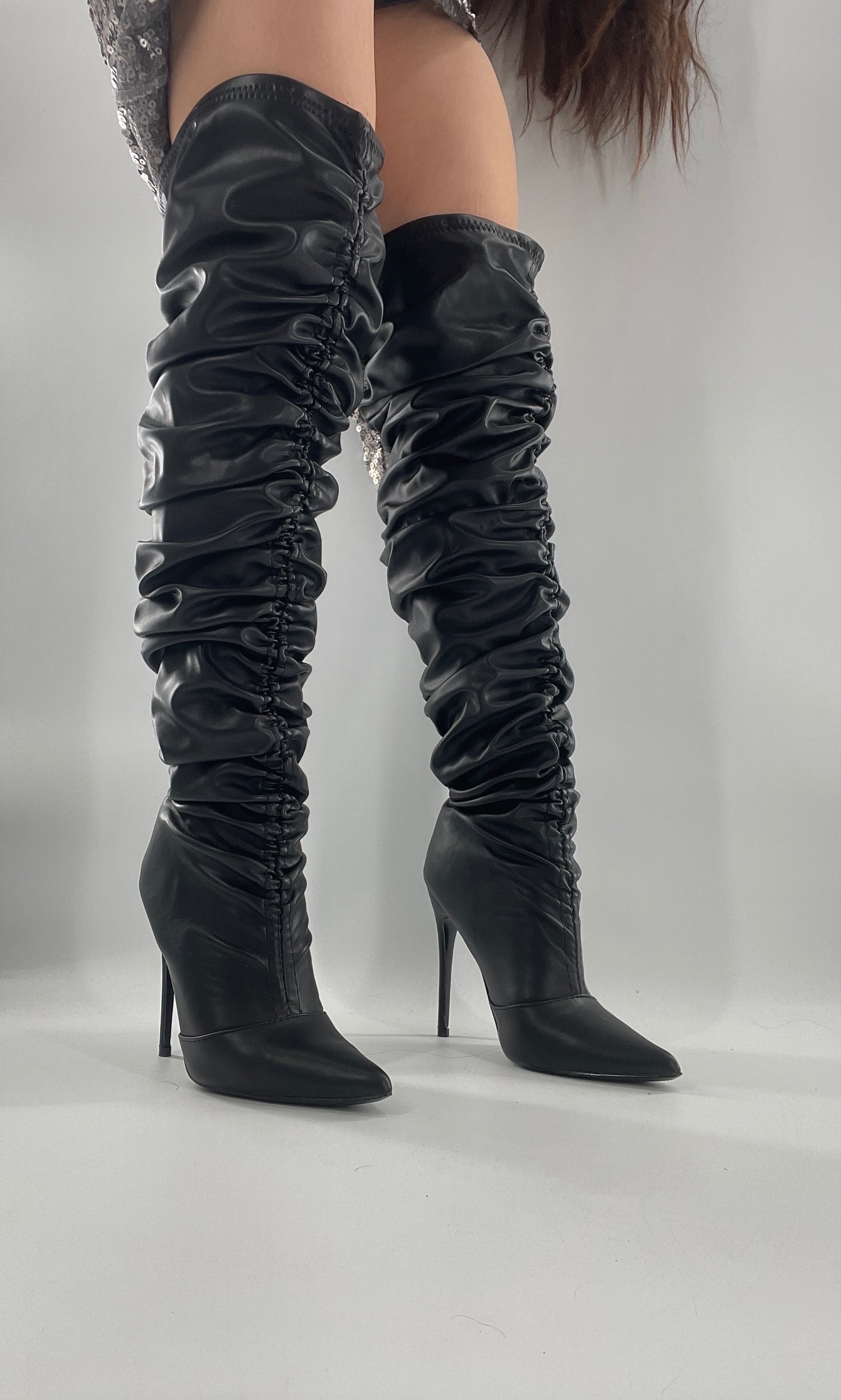 Unlabeled Black Vegan Leather Thigh High Scrunch Boots (8)