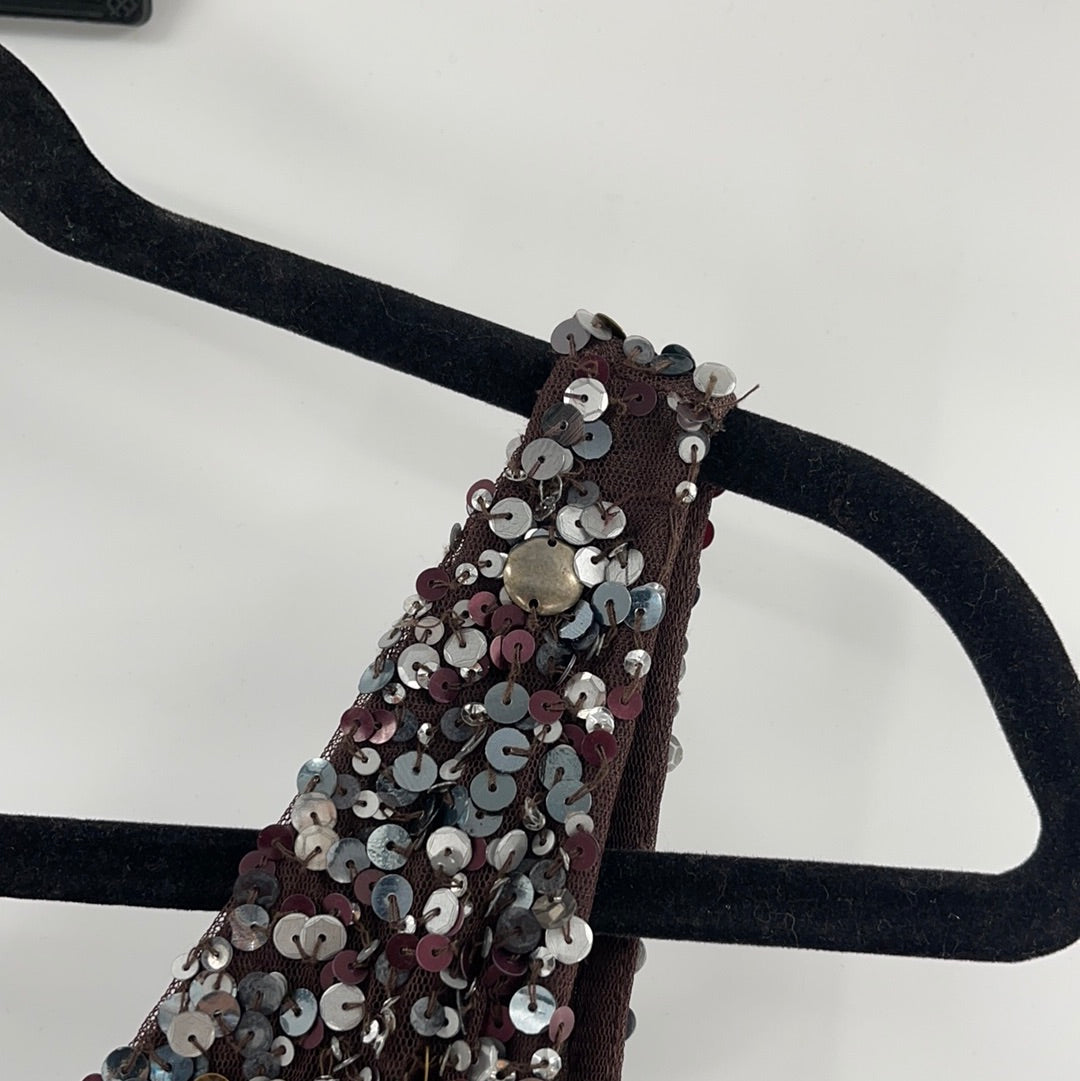Theia (Vintage With Tag) Sequin and Beaded Mixed Metal Tones Sleeveless V Neck Midi Dress (Size 6)