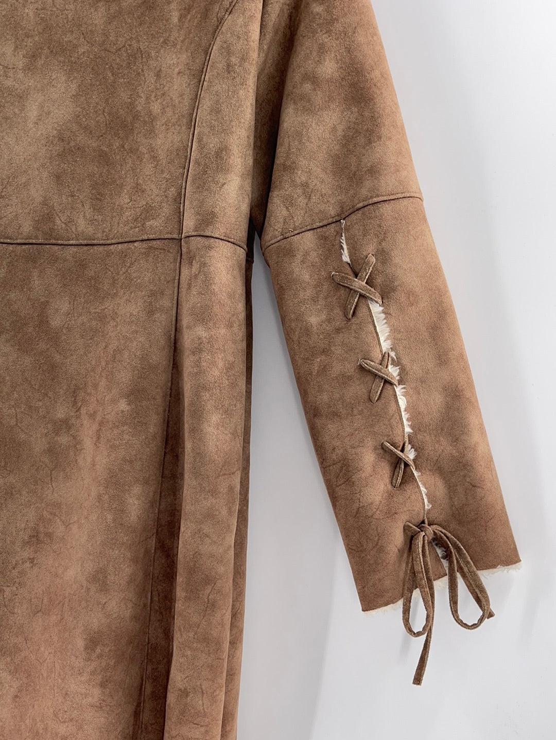 Prague Faux Brown Suede Shearling Lining Lace Up Detail on Sleeves and Front of Coat (Size Large)
