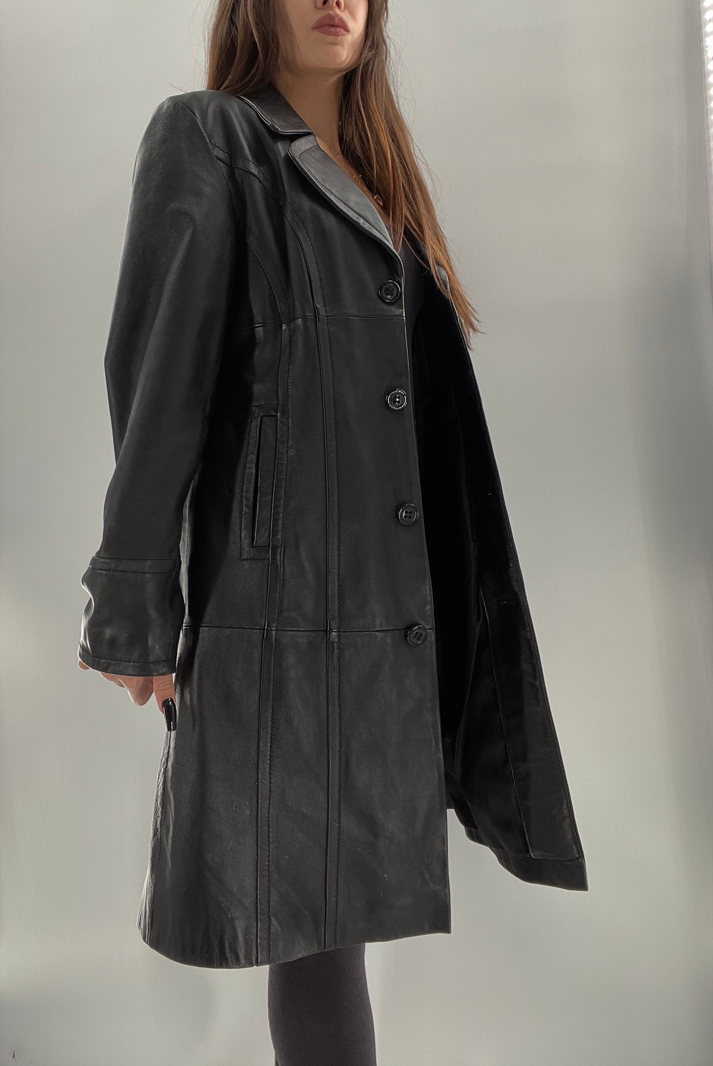 Vintage Black Leather Collared Midi Coat (Small)