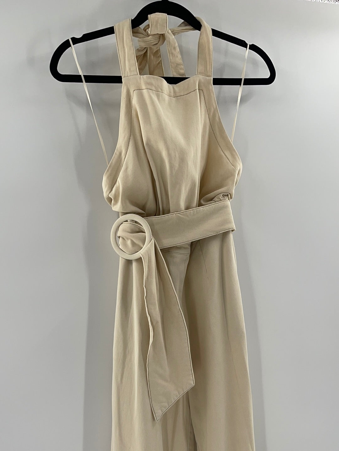 Free People Cream Halter Backless Belted Jumpsuit (Size XS)