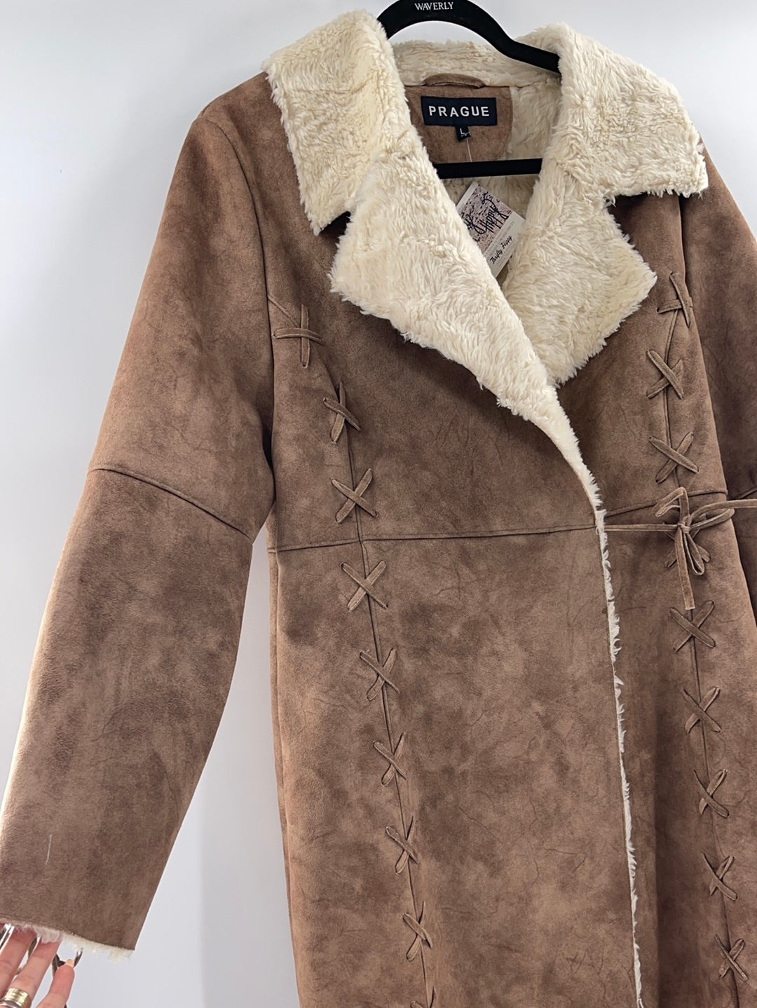 Prague Faux Brown Suede Shearling Lining Lace Up Detail on Sleeves and Front of Coat (Size Large)