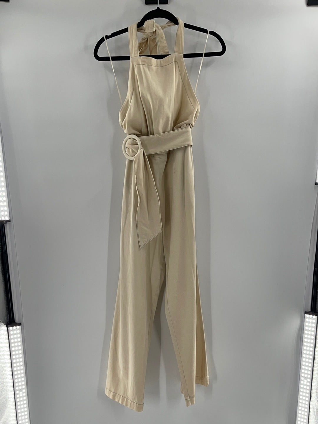 Free People Cream Halter Backless Belted Jumpsuit (Size XS)