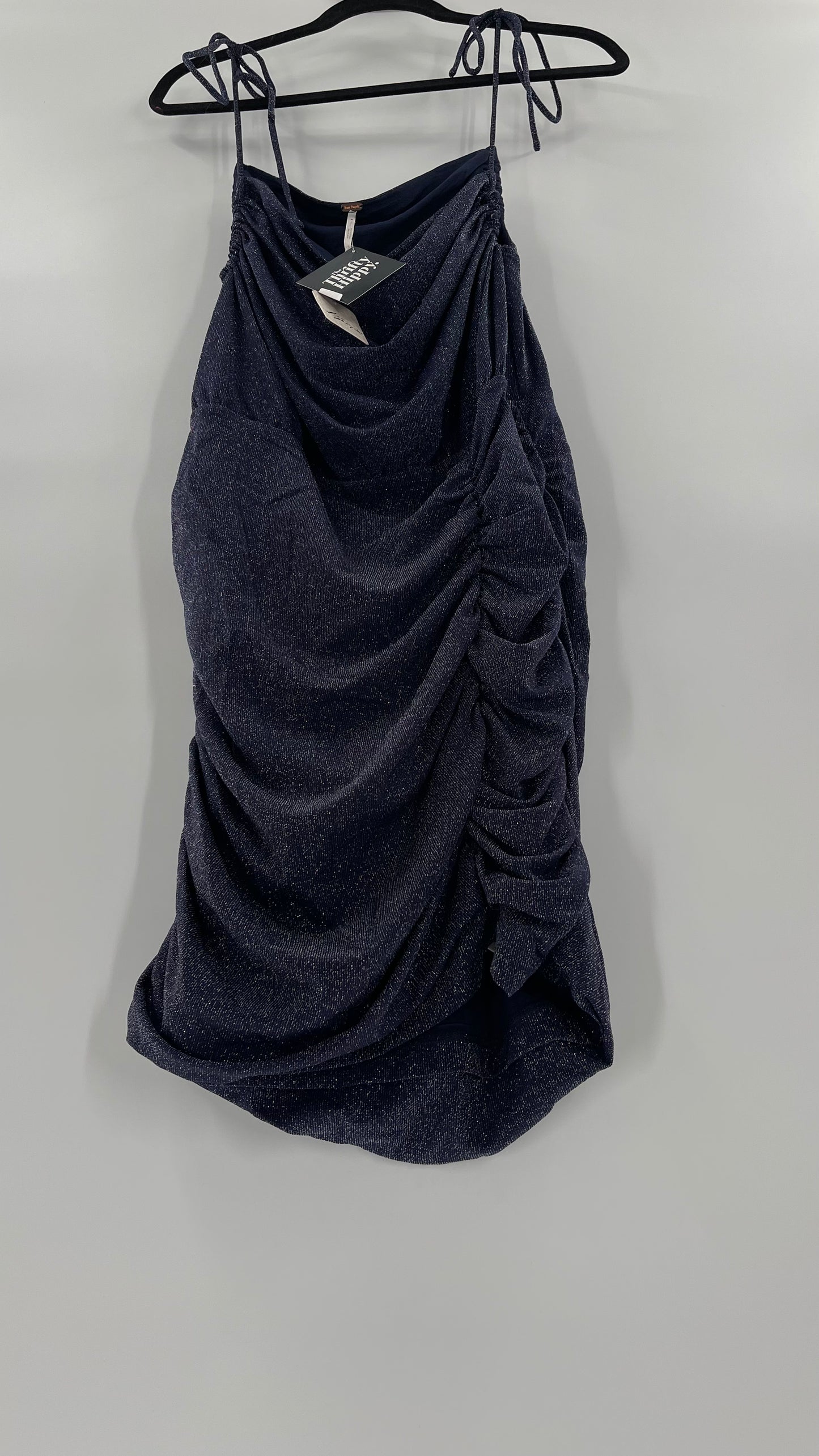 Free People Navy Glitter Ruche Dress (Large)