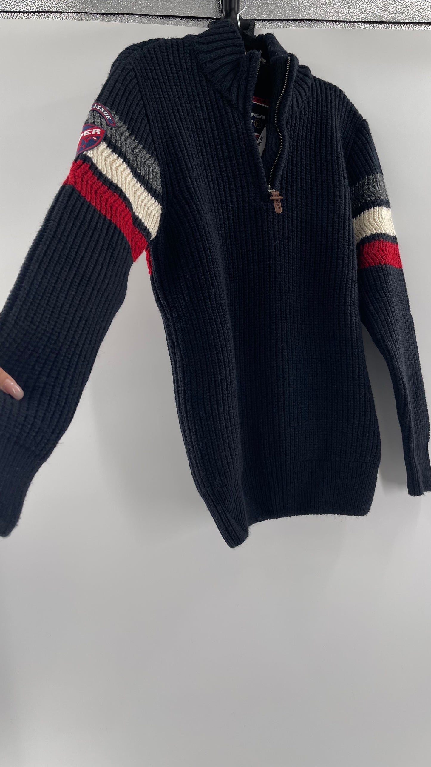 Superdry Navy Thick Knit Ski Dog Quarter Zip Henley (XL)