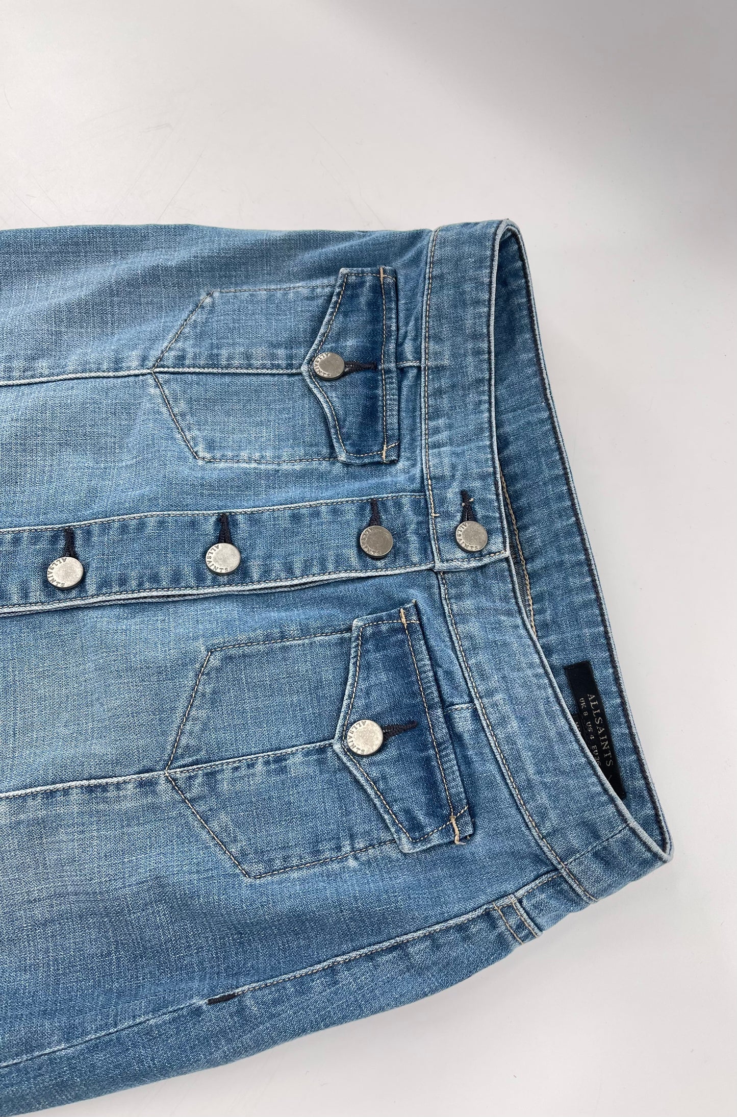 ALLSAINTS Light Wash Button Front Knee High Skirt (4)
