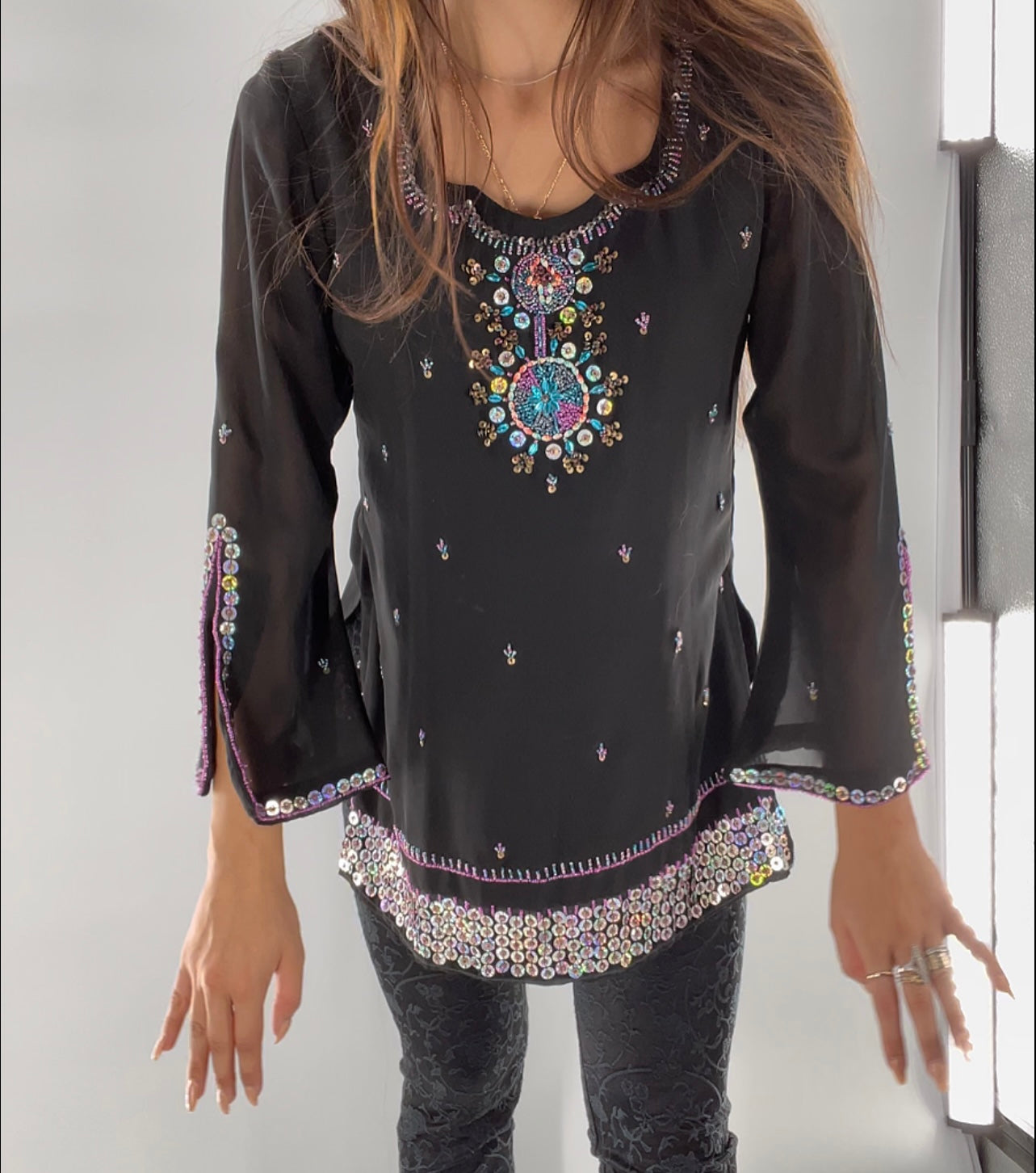 Black Long Sleeve Beaded Tunic (Large)
