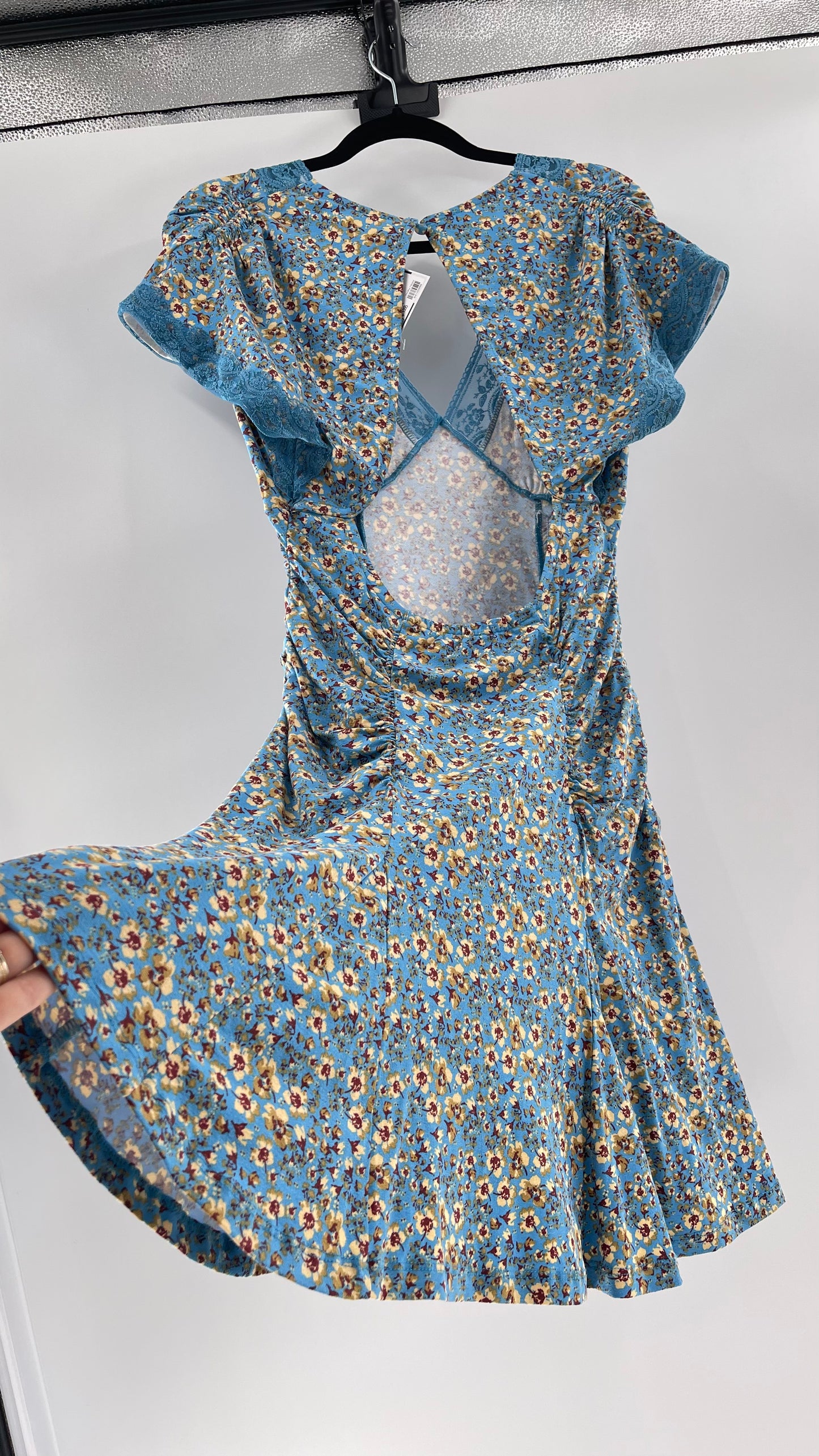 Free People Sweet Talker Blue Floral Ruched Mini Dress (Medium)