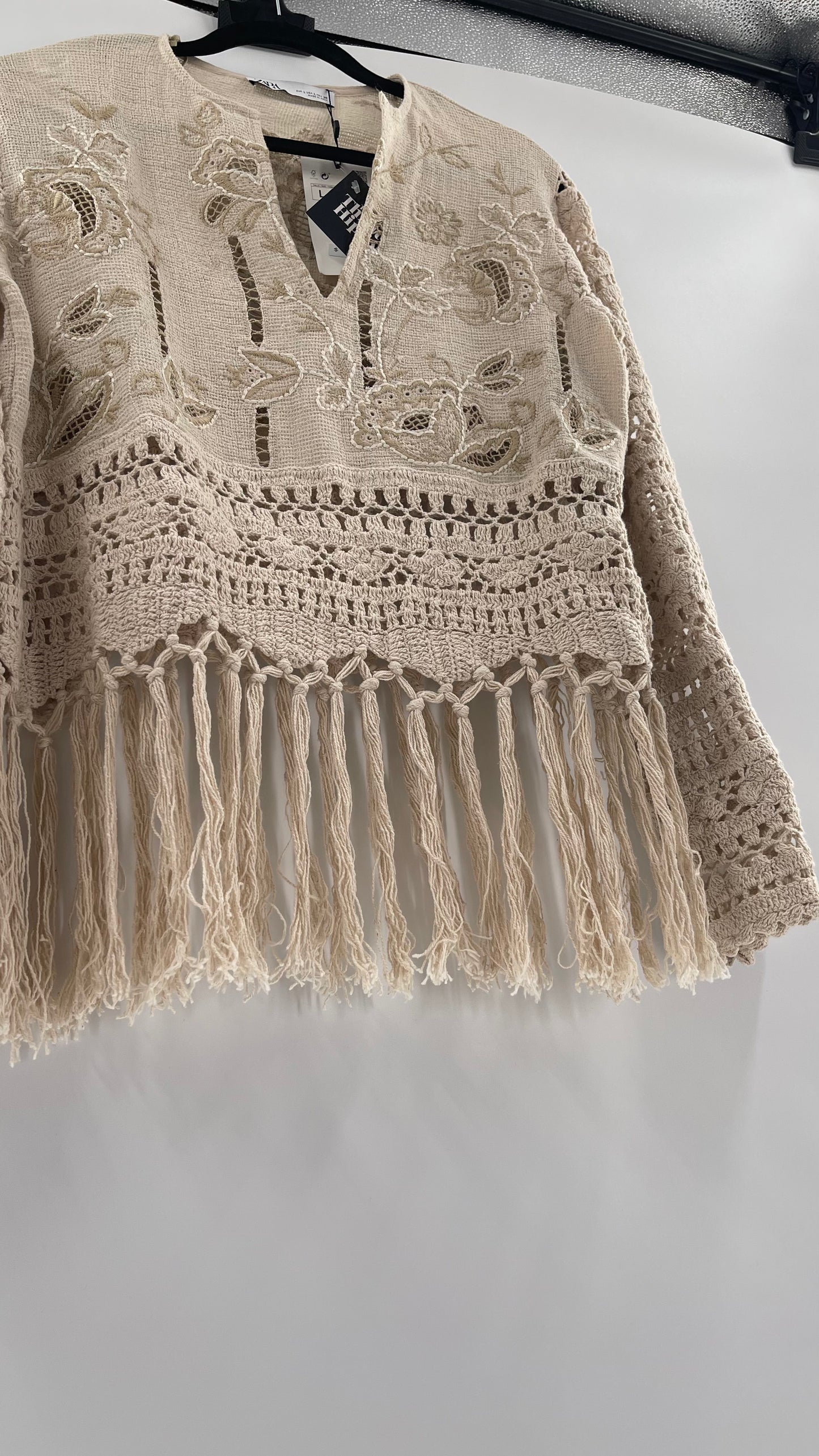 Zara Beige Gauze, Crochet, Embroidered Tunic Blouse (Large)