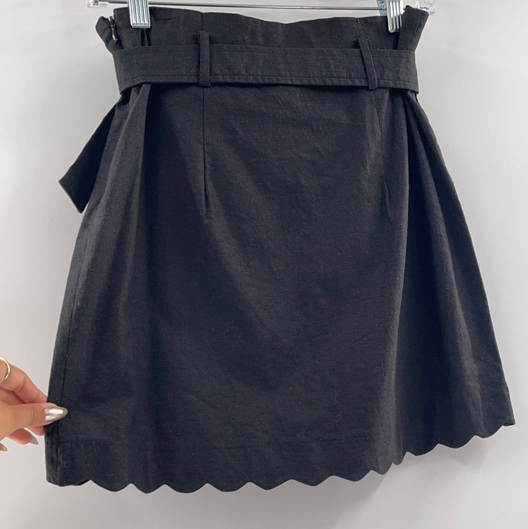 Urban Outfitters Black Linen Mini Skirt With Belt and Scalloped Hem(Size M)